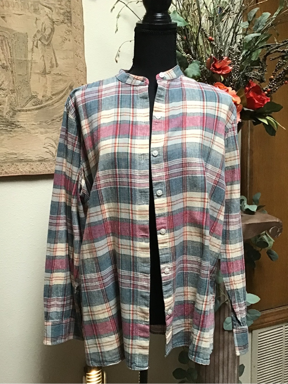 Casual Plaid Long-Sleeve Shirt - Blue, Cream & Pink
